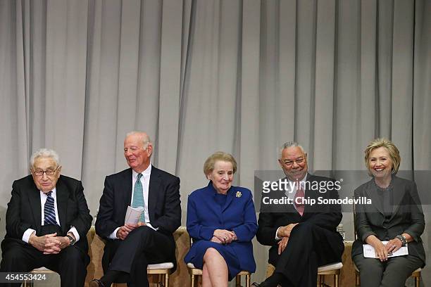 Former Secretaries of State Henry Kissinger, James Baker, Madeleine Albright, Colin Powell and Hillary Clinton participate in the ceremonial...