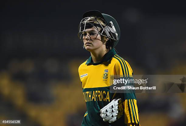 Dane van Niekerk of South Africa is dejected after losing her wicket during the NatWest Women's International T20 match between England Women and...