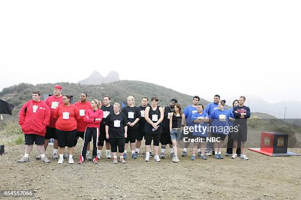 Episode 404 -- Pictured: Contestants with David Griffin, Phil Hawk, Amy Zimmer, Bryan Washington, Trainer Kim Lyons, Bill Germanakos, Julie Hadden,...