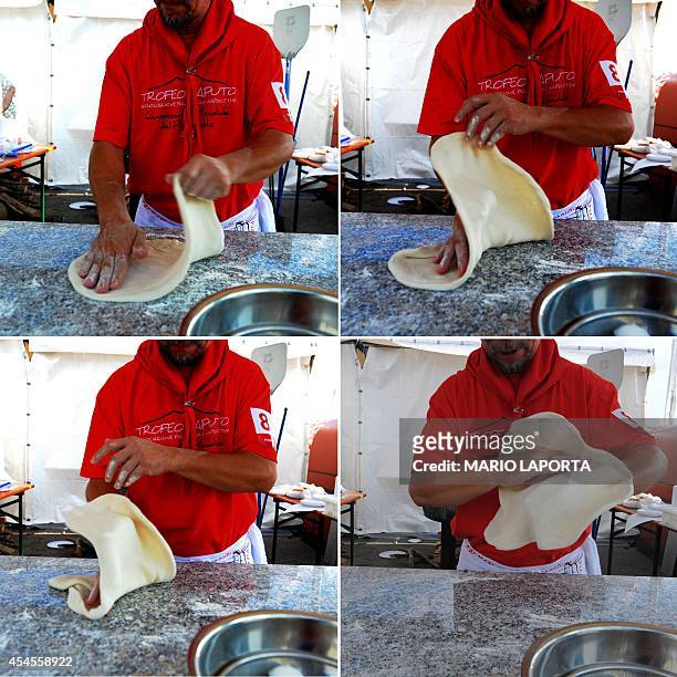This combo picture shows a competitor preparing his pizza during the 2014 Pizza makers World Championships in Naples on September 3, 2014. AFP...