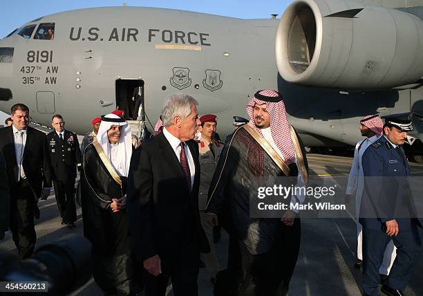 Secretary of Defense Chuck Hagel is greeted by Deputy Defense Minister HH Salman bin Sultan bin Abdulaziz after he arriving at Riyadh Air Base on...