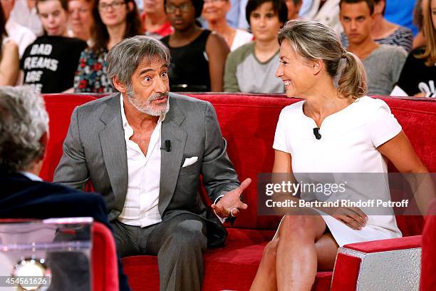 Actor Gerard Lanvin and journalist Anne Sophie-Lapix present the movie 'Bon retablissement" during the 'Vivement Dimanche' French TV Show at Pavillon...