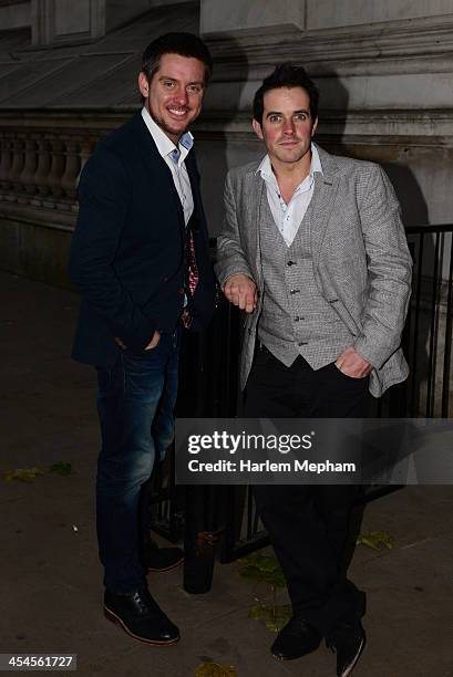 Richard McCourt and Dominic Wood are seen arriving at Downing Street for No. 11 Christmas Party on December 9, 2013 in London, England.