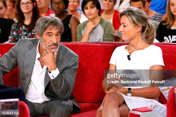 Actor Gerard Lanvin and journalist Anne Sophie-Lapix present the movie 'Bon retablissement" during the 'Vivement Dimanche' French TV Show at Pavillon...