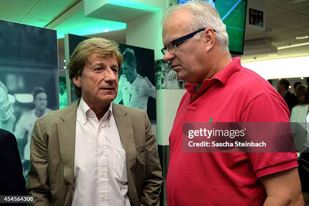 Frank Mill and Manfred Bockenfeld are seen during the 'Club Of Former National Players' meeting prior to the international friendly match between...