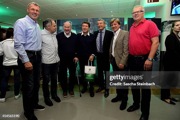 Rudolf "Rudi" Bommer, Wolfgang Seel, Matthias "Matthes" Mauritz, Otto Rehhagel, Wolfgang Niersbach, Frank Mill and Manfred Bockenfeld are seen during...