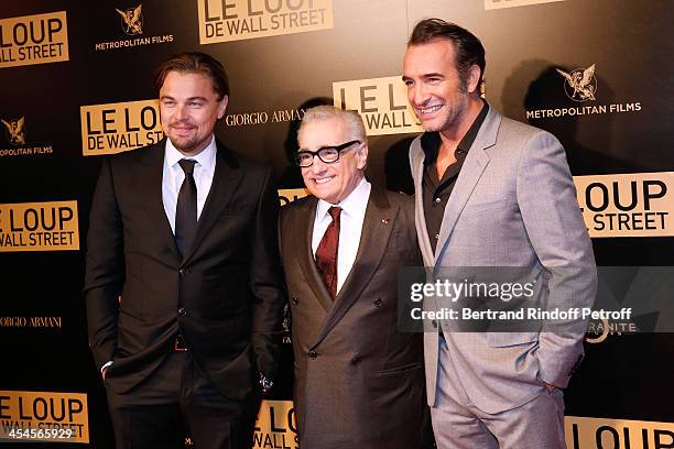 Actor Leonardo DiCaprio, director Martin Scorsese and actor Jean Dujardin attend the photocall before the movie 'The Wolf of Wall Street' World...