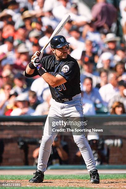 Mike Piazza of the New York Mets bats during Game One of the National League Divisional Series against the San Francisco Giants on October 4, 2000 at...