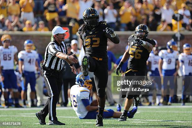Defensive lineman Markus Golden of the Missouri Tigers in action during a game against the South Dakota State Jackrabbits at Memorial Stadium on...