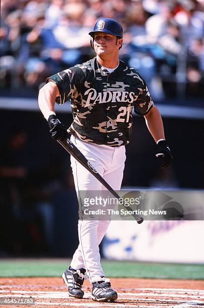Sean Burroughs of the San Diego Padres bats during the game against the Arizona Diamondbacks on April 8, 2002 at Qualcomm Stadium in San Diego,...