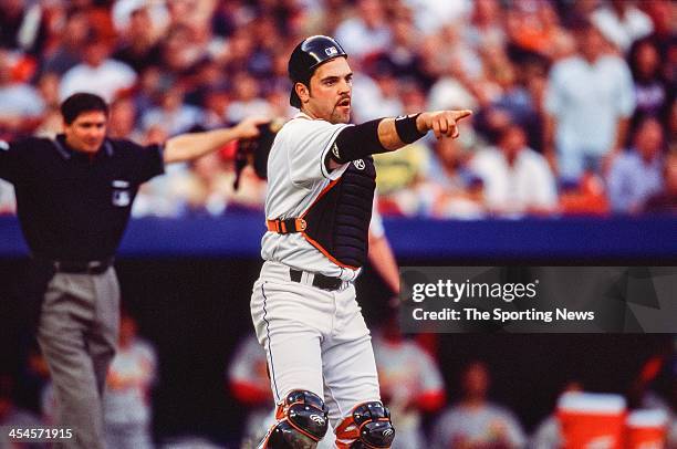 Mike Piazza of the New York Mets during Game Three of the National League Championship Series against the St. Louis Cardinals on October 14, 2000 at...