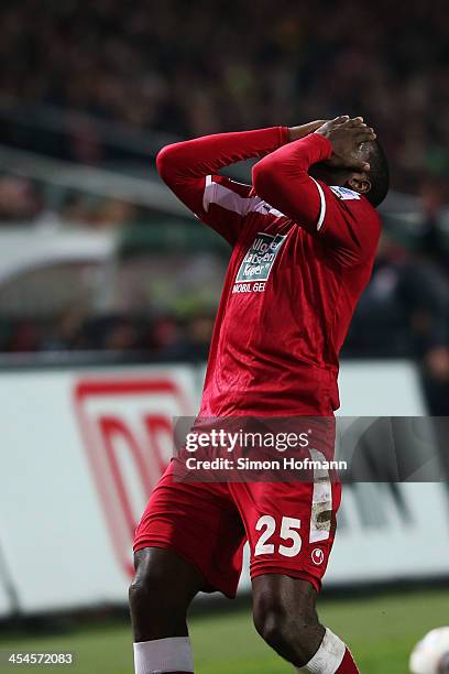 Olivier Occean of Kaiserslautern reacts during the Second Bundesliga match between 1. FC Kaiserslautern and Fortuna Duesseldorf at...