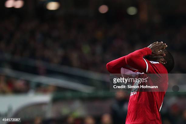 Olivier Occean of Kaiserslautern reacts during the Second Bundesliga match between 1. FC Kaiserslautern and Fortuna Duesseldorf at...