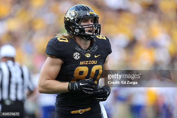 Tight end Sean Culkin of the Missouri Tigers in action against the South Dakota State Jackrabbits at Memorial Stadium on August 30, 2014 in Columbia,...