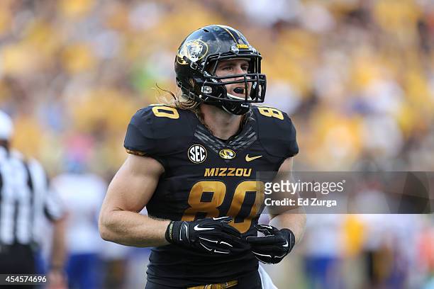 Tight end Sean Culkin of the Missouri Tigers in action against the South Dakota State Jackrabbits at Memorial Stadium on August 30, 2014 in Columbia,...