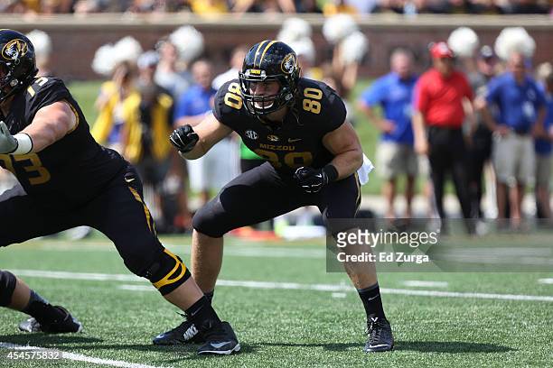 Sean Culkin of the Missouri Tigers in action against the South Dakota State Jackrabbits quarter at Memorial Stadium on August 30, 2014 in Columbia,...