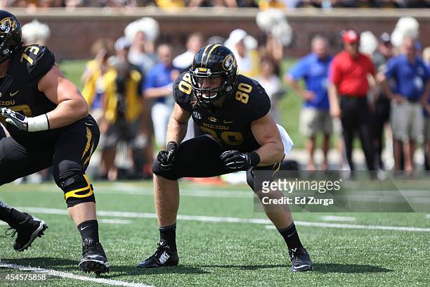 Sean Culkin of the Missouri Tigers in action against the South Dakota State Jackrabbits quarter at Memorial Stadium on August 30, 2014 in Columbia,...