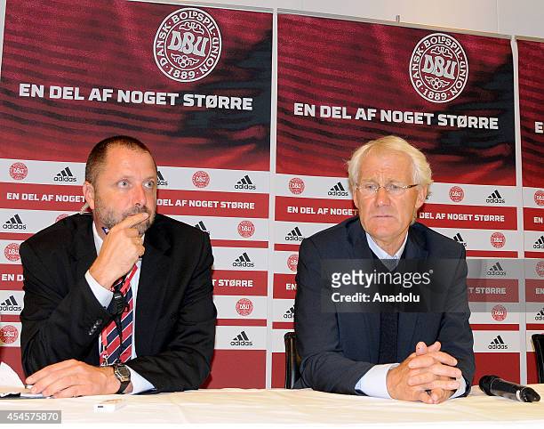 Morten Olsen, head coach of Denmark speaks during a press conference after an international friendly match between Denmark and Turkey at TREFOR Park...