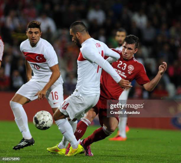 Arda Turan of Turkey in action during an international friendly match between Denmark and Turkey at TREFOR Park in Odense, Denmark on September 3,...