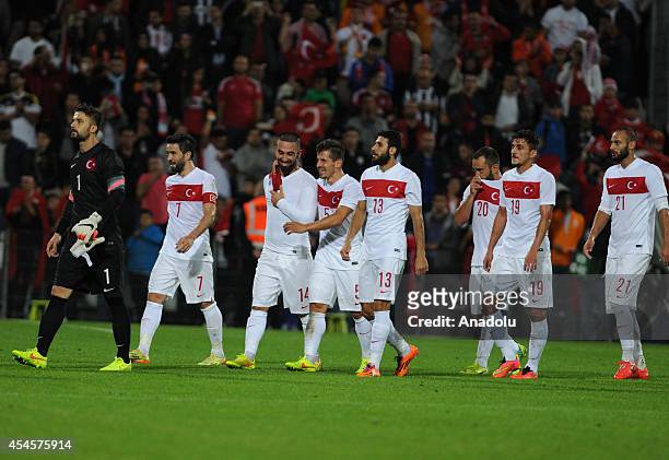 Turkish National Football team players celebrate after an international friendly match between Denmark and Turkey at TREFOR Park in Odense, Denmark...
