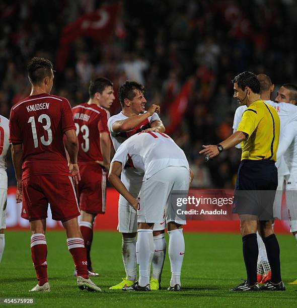 Olcay Sahan of Turkey celebrates with Emre Belozoglu after scoring a goal during an international friendly match between Denmark and Turkey at TREFOR...