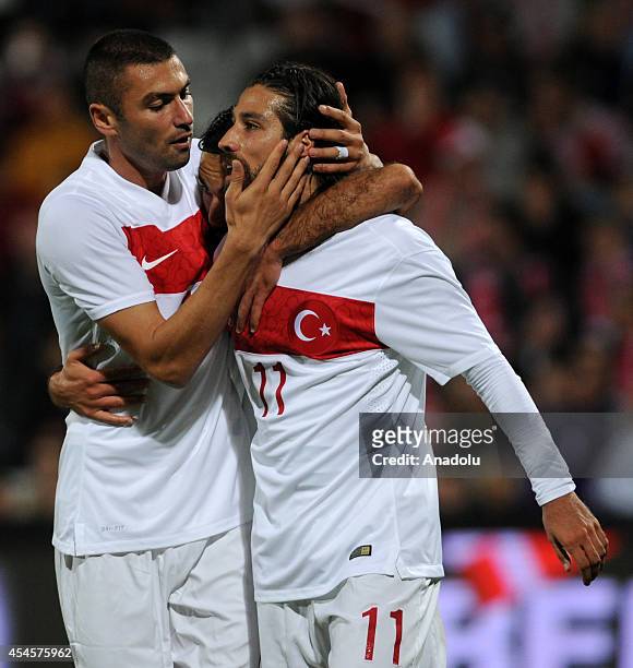 Olcay Sahan of Turkey celebrates after scoring a goal during an international friendly match between Denmark and Turkey at TREFOR Park in Odense,...