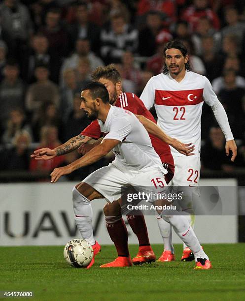 Mehmet Topal of Turkey in action during an international friendly match between Denmark and Turkey at TREFOR Park in Odense, Denmark on September 3,...