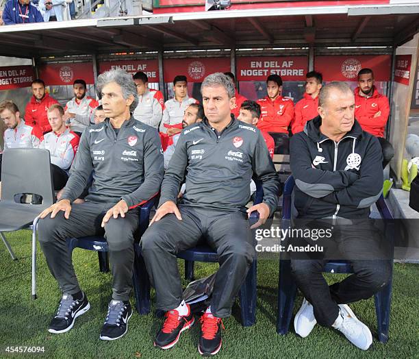 Turkey's head coach Fatih Terim looks on during an international friendly match between Denmark and Turkey at TREFOR Park in Odense, Denmark on...