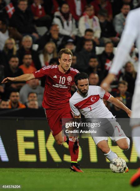 Gokhan Gonul of Turkey in action during an international friendly match between Denmark and Turkey at TREFOR Park in Odense, Denmark on September 3,...