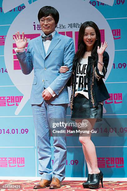 South Korean actors Jeong Jae-Yeong and Han Ji-Min attend "Plan Man" press conference at Lotte Cinema on December 9, 2013 in Seoul, South Korea. The...