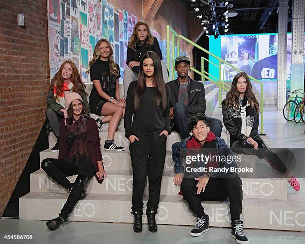 Selena Gomez poses with the models at the end of the runway at Adidas Neo during Mercedes-Benz Fashion Week Spring 2015 at The Waterfront on...