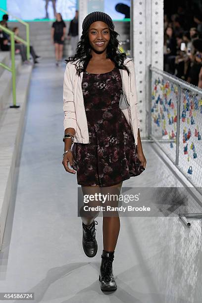 Model walks the runway at Adidas Neo during Mercedes-Benz Fashion Week Spring 2015 at The Waterfront on September 3, 2014 in New York City.