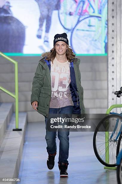 Model walks the runway at Adidas Neo during Mercedes-Benz Fashion Week Spring 2015 at The Waterfront on September 3, 2014 in New York City.