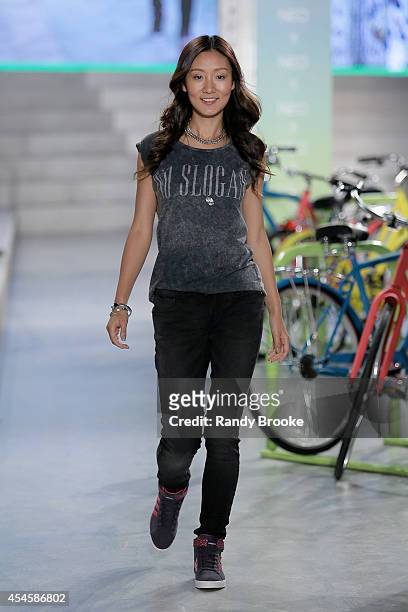 Model walks the runway at Adidas Neo during Mercedes-Benz Fashion Week Spring 2015 at The Waterfront on September 3, 2014 in New York City.
