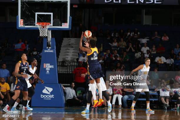 Tamika Catchings of the Indiana Fever shoots the ball during game two of the WNBA Eastern Conference Finals against the Chicago Sky as part of the...