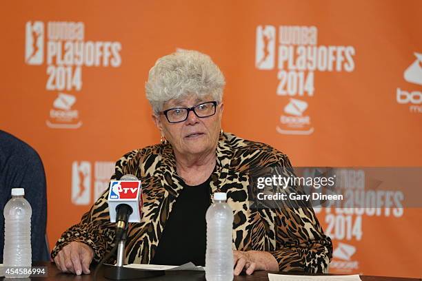 Head coach Lin Dunn of the Indiana Fever speaks with the media after game two of the WNBA Eastern Conference Finals against the Chicago Sky as part...