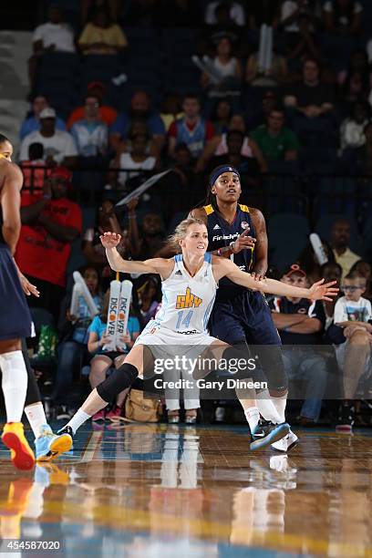Allie Quigley of the Chicago Sky battles for position during game two of the WNBA Eastern Conference Finals against Shavonte Zellous of the Indiana...