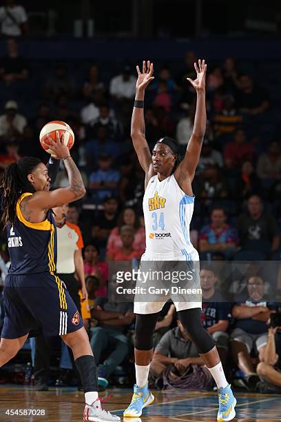 Sylvia Fowles of the Chicago Sky defends during game two of the WNBA Eastern Conference Finals against Erlana Larkins of the Indiana Fever as part of...