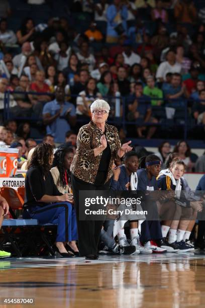 Head coach Lin Dunn of the Indiana Fever during game two of the WNBA Eastern Conference Finals against the Chicago Sky as part of the 2014 WNBA...