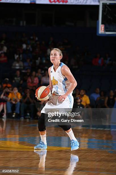 Courtney Vandersloot of the Chicago Sky handles the ball during game two of the WNBA Eastern Conference Finals against the Indiana Fever as part of...