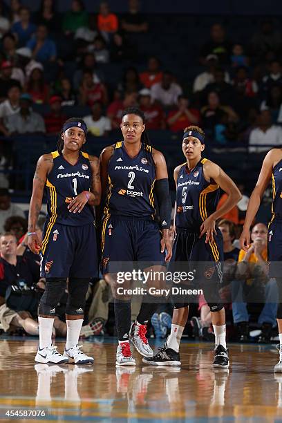 Shavonte Zellous, Erlana Larkins and Layshia Clarendon of the Indiana Fever during game two of the WNBA Eastern Conference Finals against the Chicago...