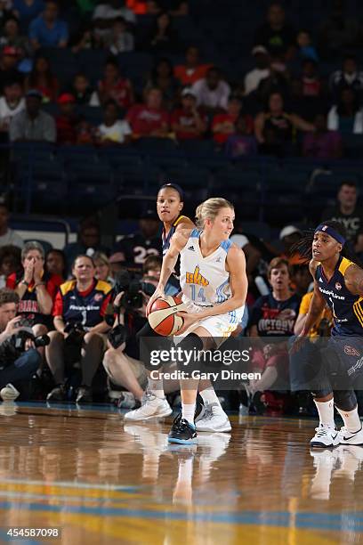 Allie Quigley of the Chicago Sky handles the ball during game two of the WNBA Eastern Conference Finals against the Indiana Fever as part of the 2014...