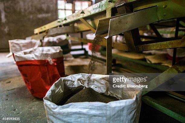Tea passes though a grading machine into bags at the Santosh Tea Industries Pvt. Factory in Coonoor, Tamil Nadu, India, on Saturday, Nov. 30, 2013....