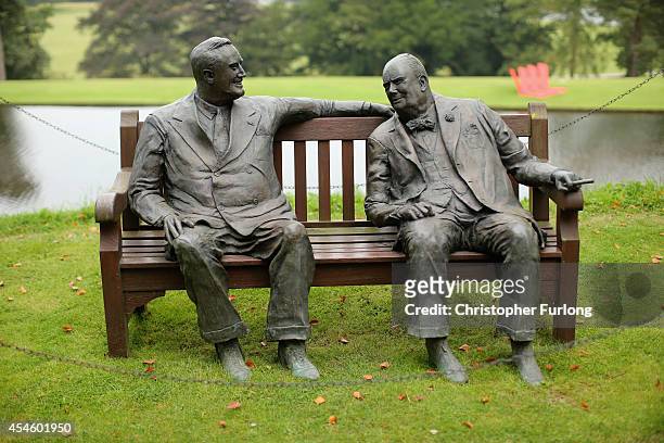 Allies by artist Lawrence Holofcener adorns the grounds of Chatsworth House which is part of the annual Sotheby's monumental scuplture exhibition...