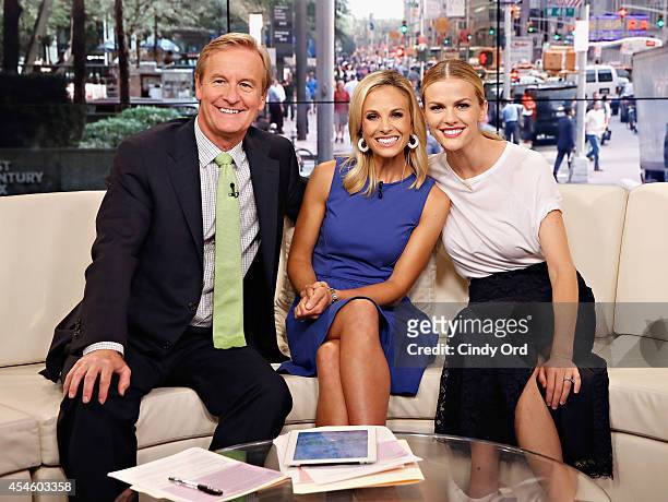 Co-hosts Steve Doocy and Elisabeth Hasselbeck pose with actress Brooklyn Decker during her visit to "Fox and Friends" at FOX Studios on September 3,...