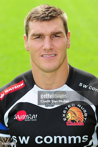 Tom James of Exeter Chiefs poses during the Media Session ahead of the opening game of the Aviva Premiership 2014/15 Season at Sandy Park on...