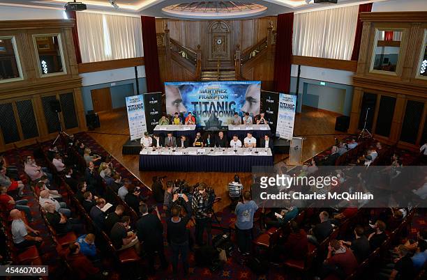 The IBF super-bantamweight world champion Kiko Martinez and the number one contender Carl Frampton take part in a pre-fight press conference, at the...