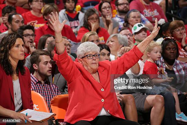 Head coach Lin Dunn of the Indiana Fever reacts during the game against the Chicago Sky game three of the WNBA Eastern Conference Finals on September...