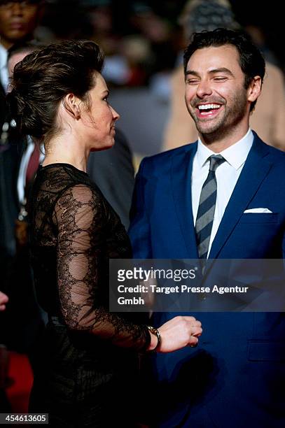 Aidan Turner and Evangeline Lilly attend the German premiere of the film 'The Hobbit: The Desolation Of Smaug' at Sony Centre on December 9, 2013 in...