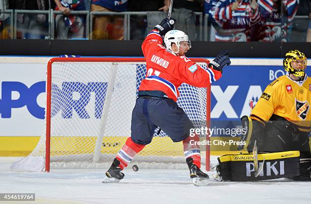 Robert Raymond of Adler Mannheim celebrates after scoring the 1:0 during the Champions Hockey League game between Adler Mannheim and KalPa Kuopio on...